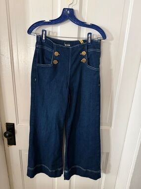 Maeve Dark Blue Wide-Leg Sailor Jeans with Gold Buttons